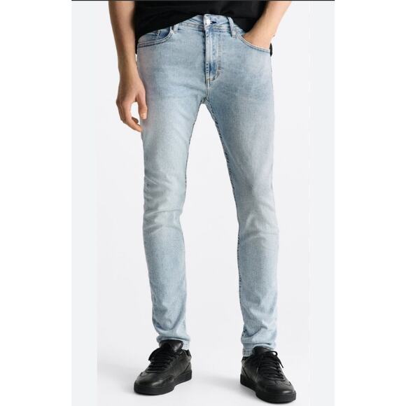 ZARA Mens 'Skinny Washed' Faded Denim Jeans Stretch Light Blue Size 32 - Picture 1 of 11